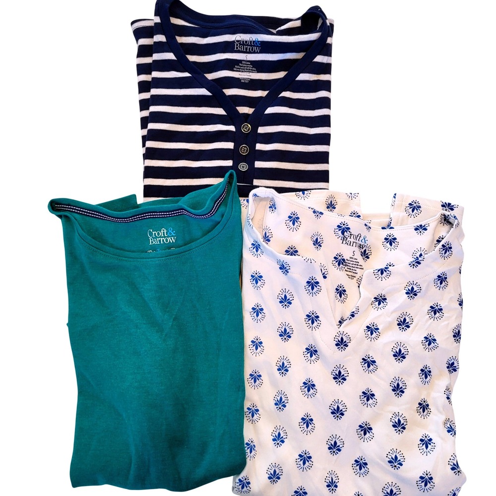 Croft & Barrow Womens Small Lot 3 Tops Tee Shirt Blouse Blue White Green